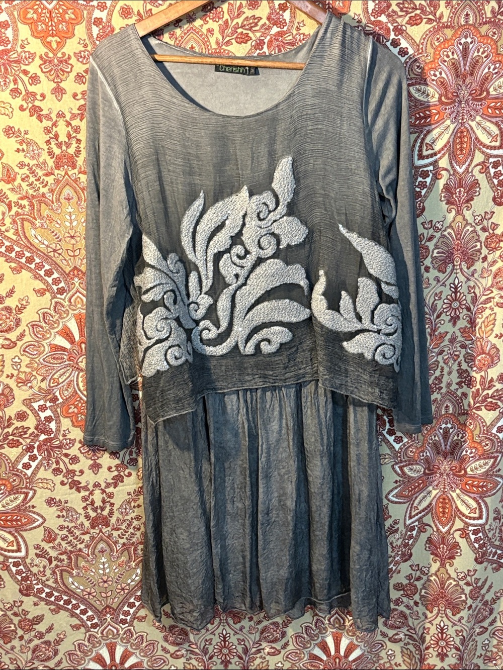 CHERISHH M Italian Silk blend Gray Embroidered Long-Sleeve dress w sequins